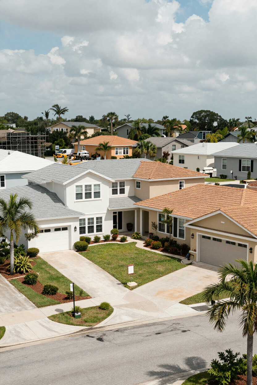 Residential street in a Florida neighborhood showing homes at various stages of improvement