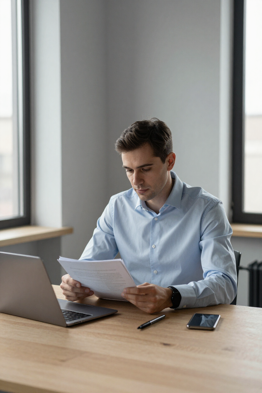 Professional property manager reviewing documents at a desk
