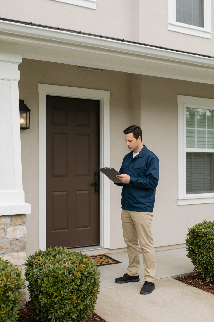 Property manager inspecting a single-family home exterior