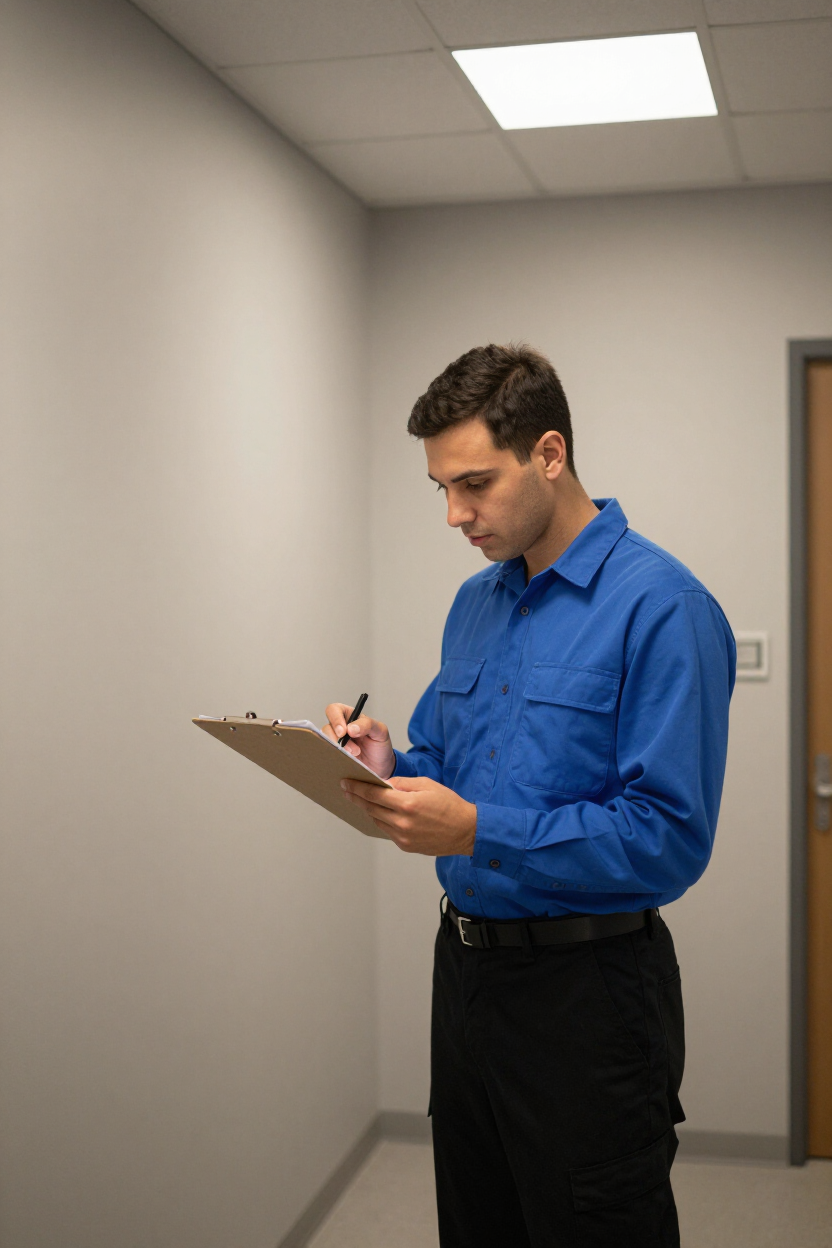 Maintenance technician reviewing a work order at a property