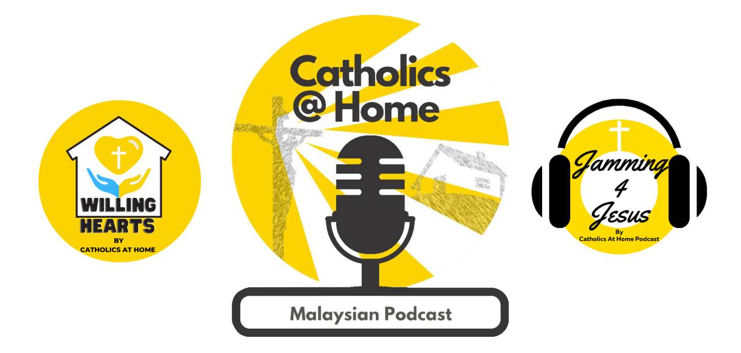 Logos for a Catholic podcast series called Catholics@Home, featuring logos for 