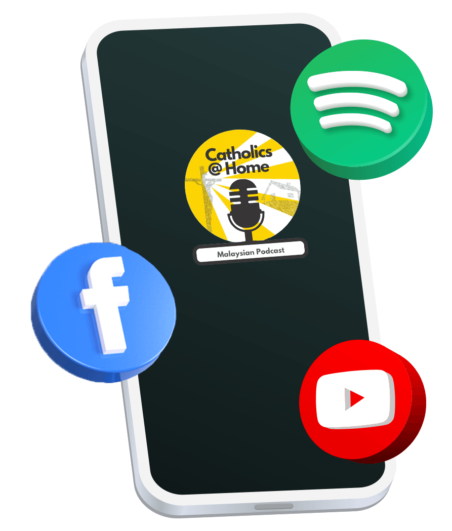 Smartphone displaying a podcast logo, with Facebook, Spotify, and YouTube icons around it.