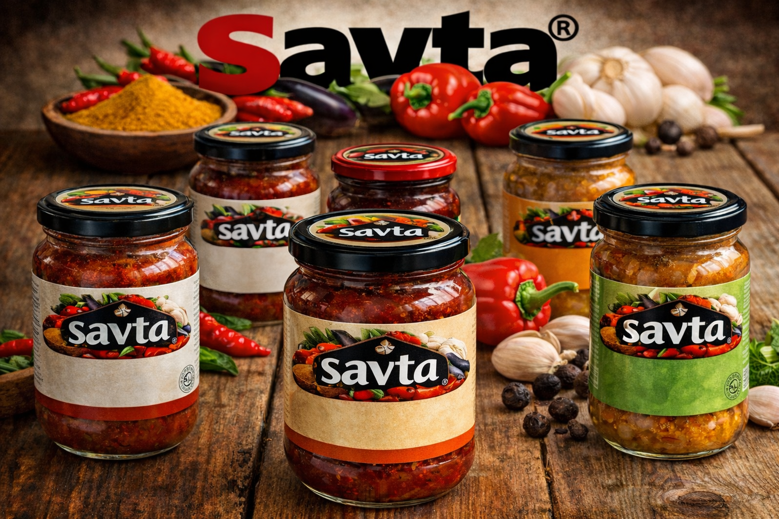 Potten met kruiden en specerijen van het merk Savta op een houten ondergrond, omringd door specerijen en groenten.