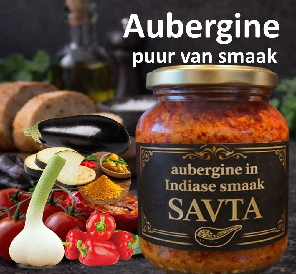 Potje Savta aubergine met Indiase smaken, met ingrediënten zoals aubergine en kruiden.