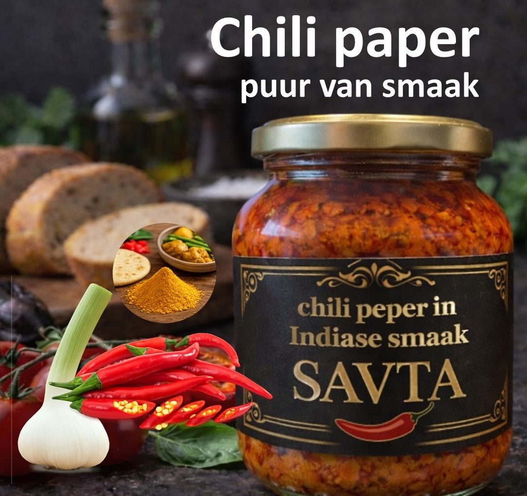 Potje chilipasta met ingrediënten zoals knoflook en pepers; de tekst zegt 