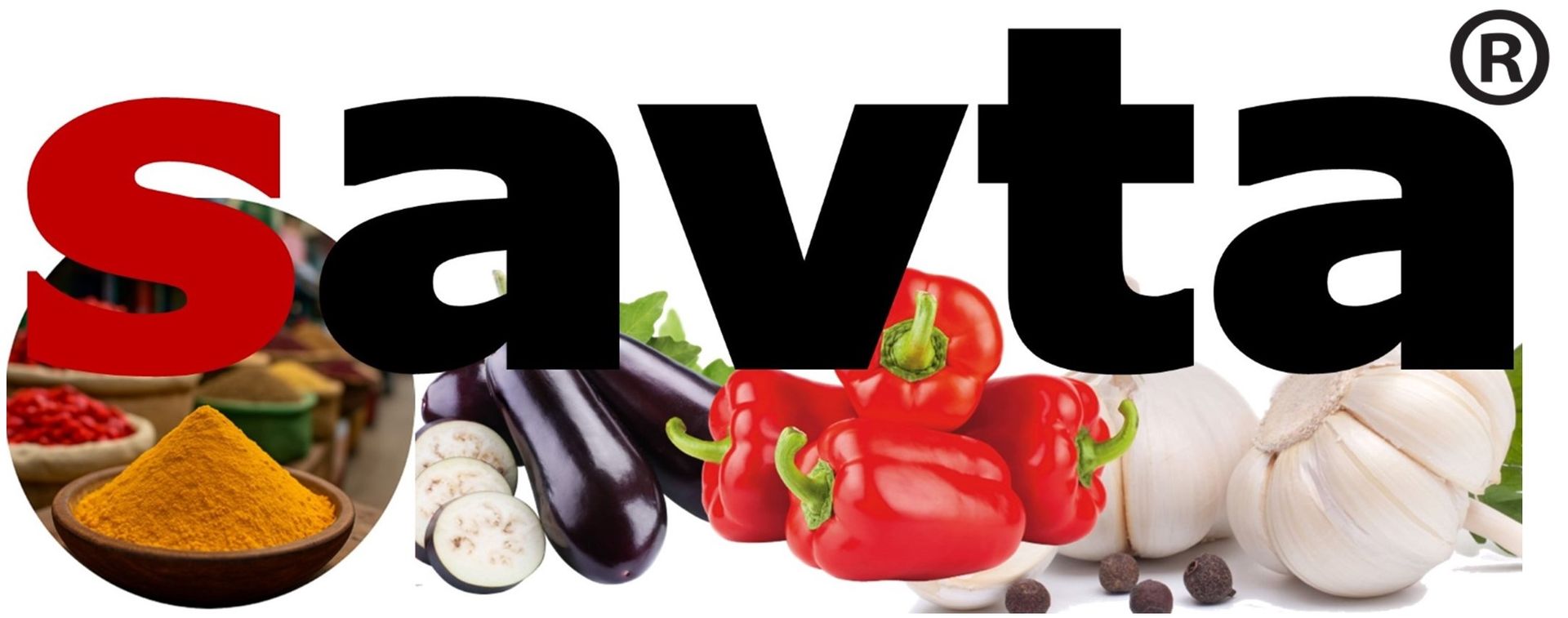 Het Savta-logo met groenten en kruiden: rode paprika, aubergine, knoflook en kurkuma.