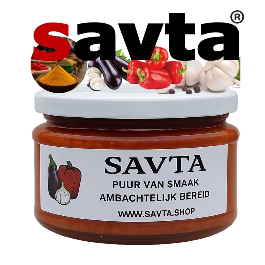 Jar of Savta sauce with ingredients, white lid, and text 