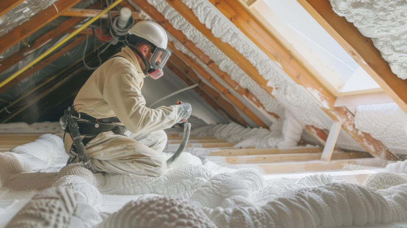 Person in protective gear spraying insulation into an attic with exposed wooden rafters
