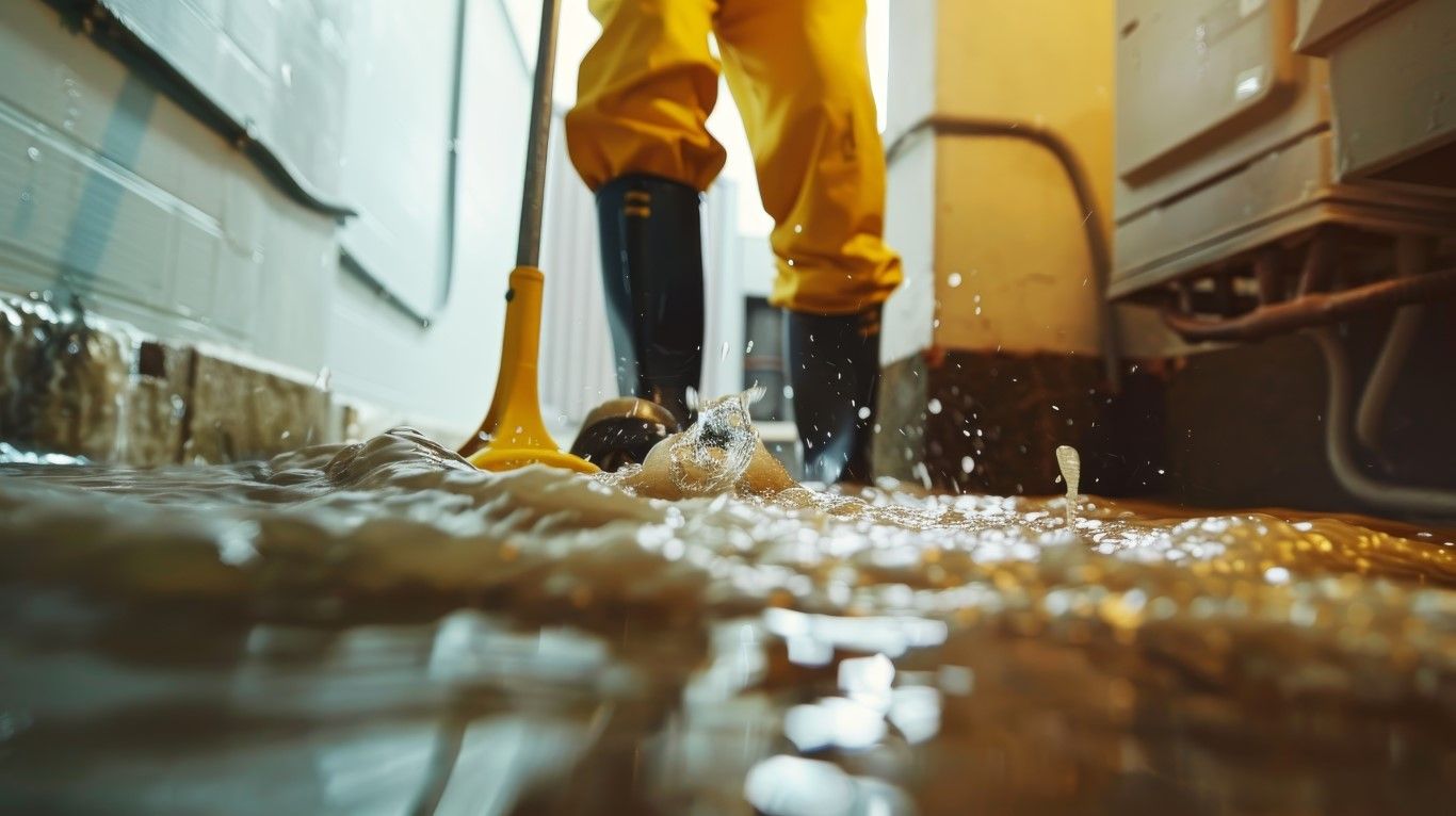 Worker in yellow rain gear standing in shallow water between trucks in an industrial area