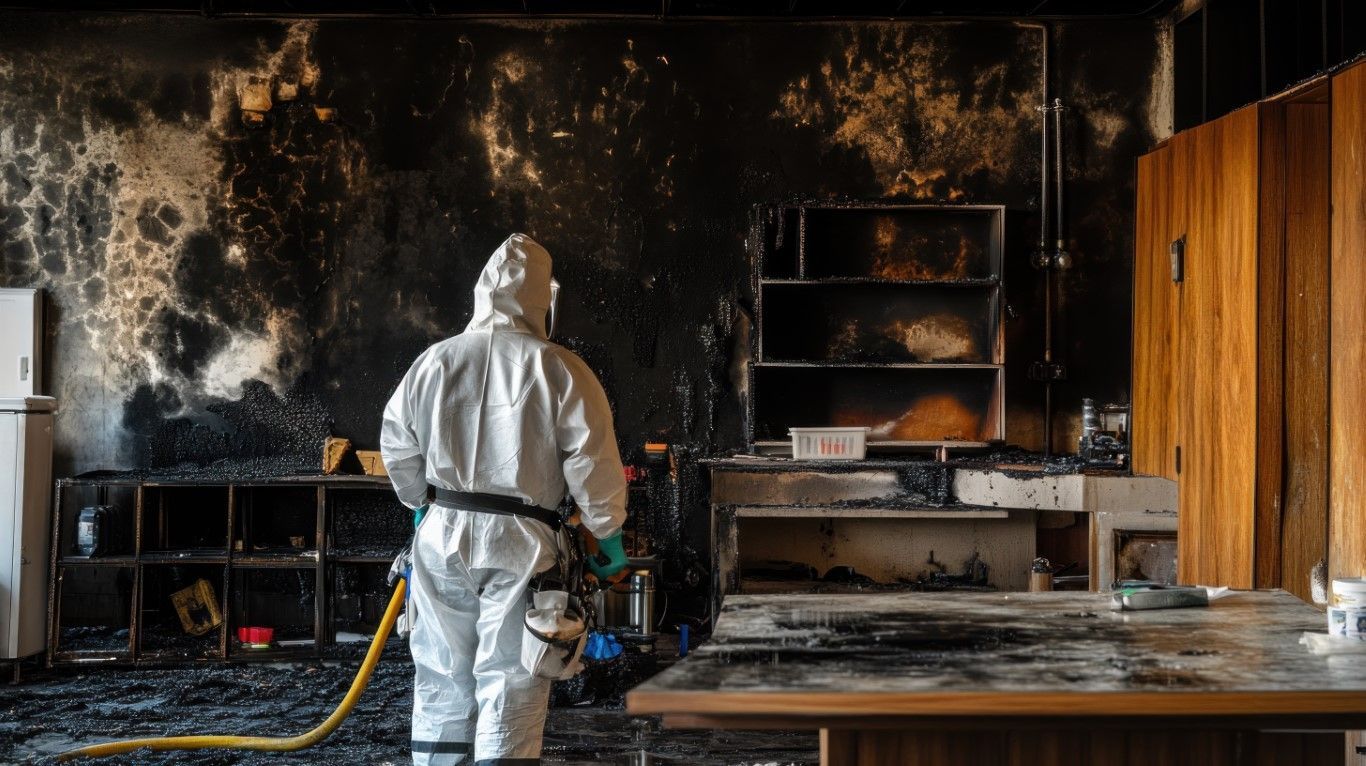 Worker in protective suit inspecting a burned, smoke-damaged room with charred walls and debris.