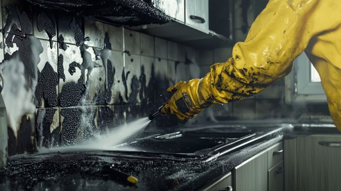 Person in a yellow rain jacket power-washing a dirty kitchen counter and backsplash indoors