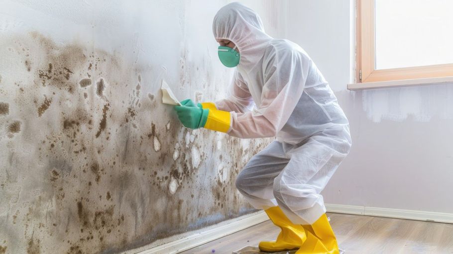 Person in protective suit cleaning mold from a wall with spray and sponge in a room