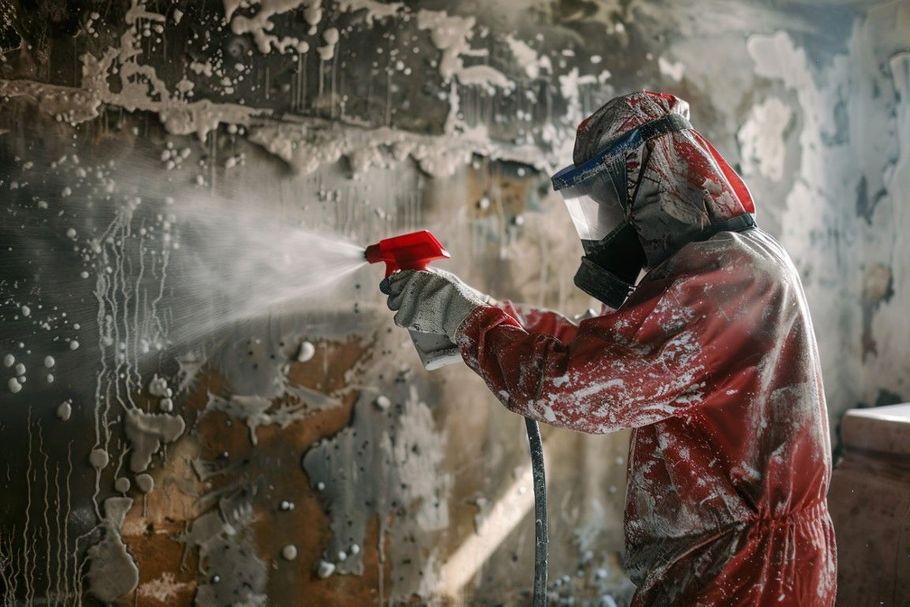 Person in a red suit spray-painting a wall in a weathered room