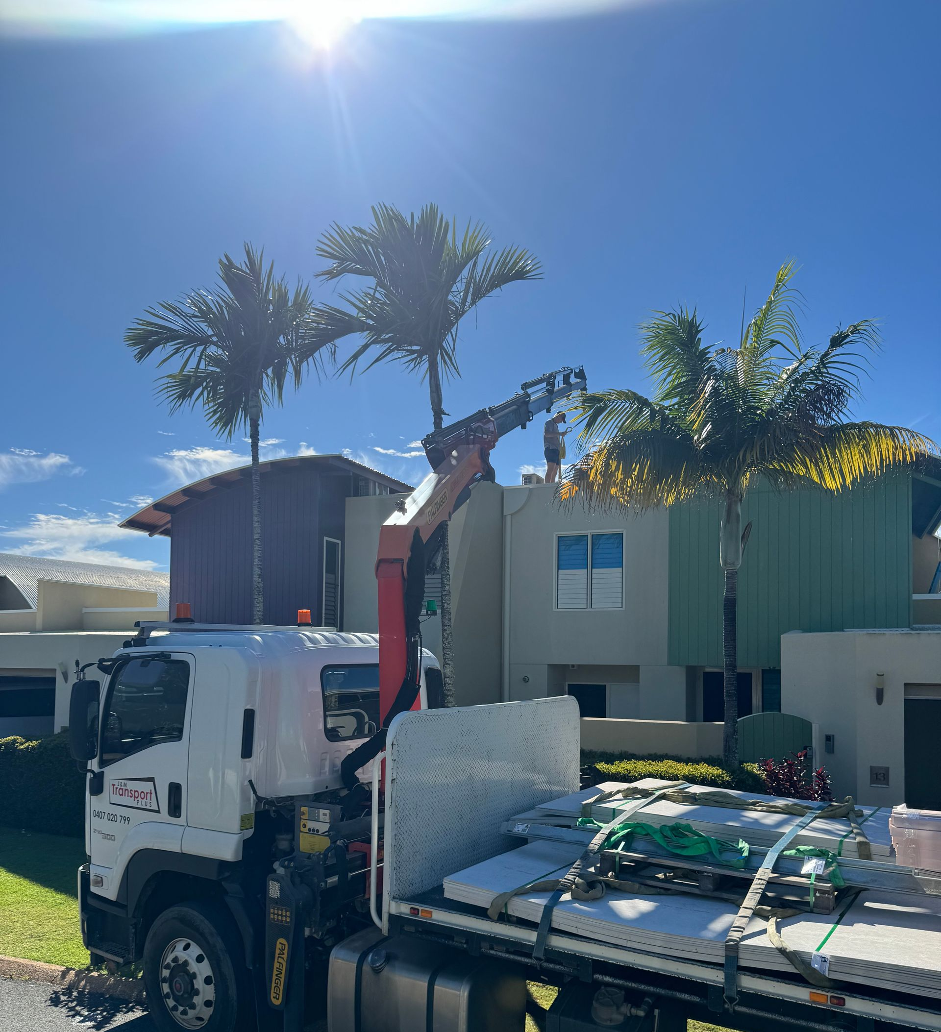 Worker on a truck platform trimming tree branches beside a building in bright sunlight