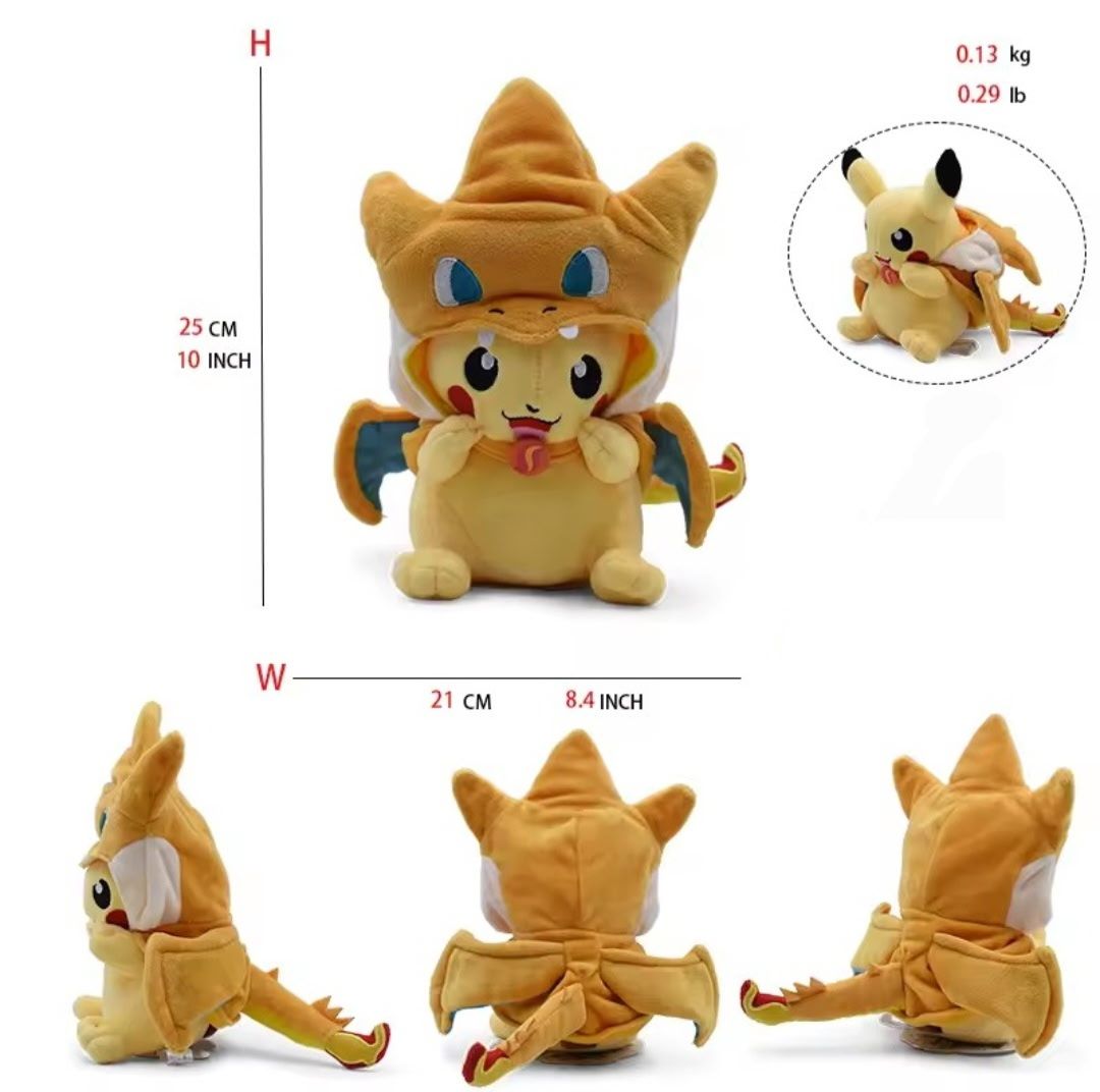 Charizard Cosplay Plush-High quality collectible features everyone's favorite electric mouse decked out in a detailed, fierce dragon inspired hooded cape. Approximately H 8.8
