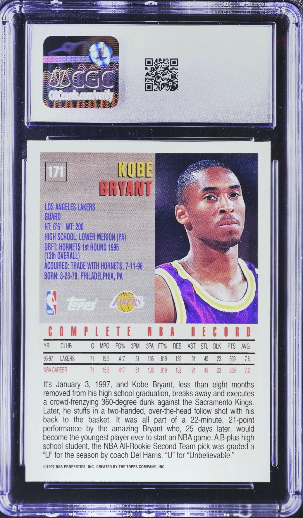 Kobe Bryant 1997-98 Topps #171 CGC Mint 9