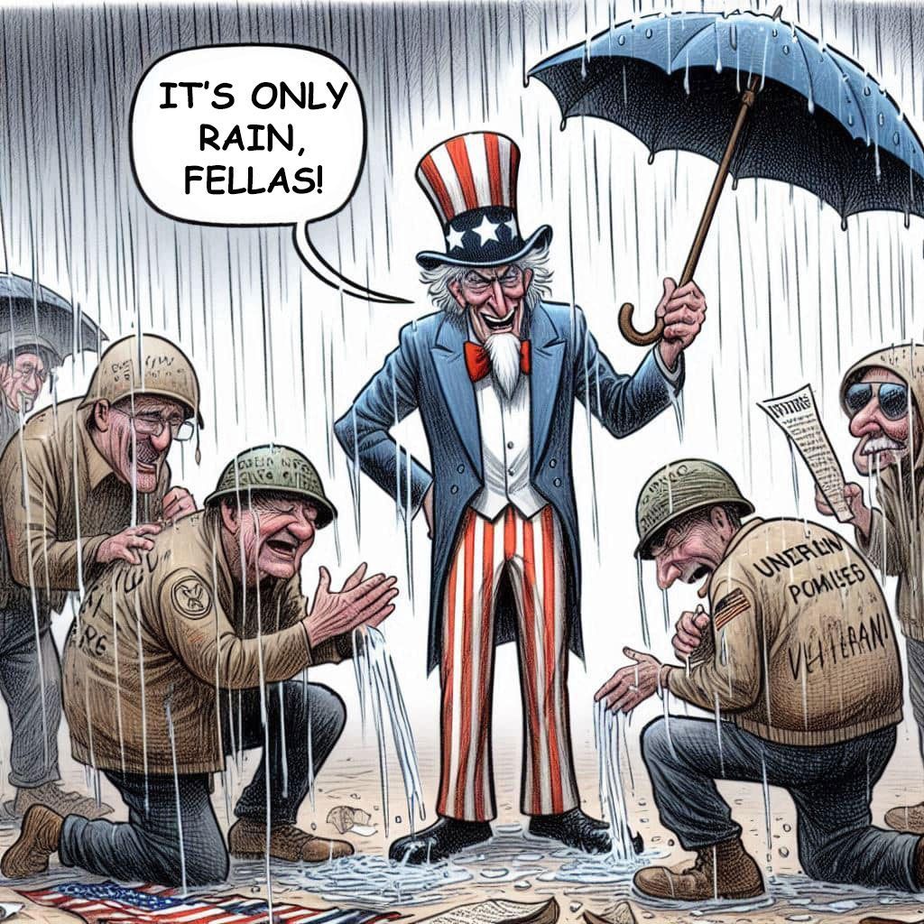A cartoon of uncle sam holding an umbrella in the rain surrounded by soldiers.