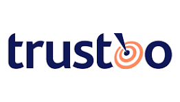 Het Trustoo-logo in marineblauw en oranje met een 'o' in de vorm van een doelwit op een witte achtergrond.