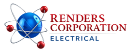 Logo for Renders Corporation Electrical featuring an atom icon with a blue center and red electrons next to the company name.