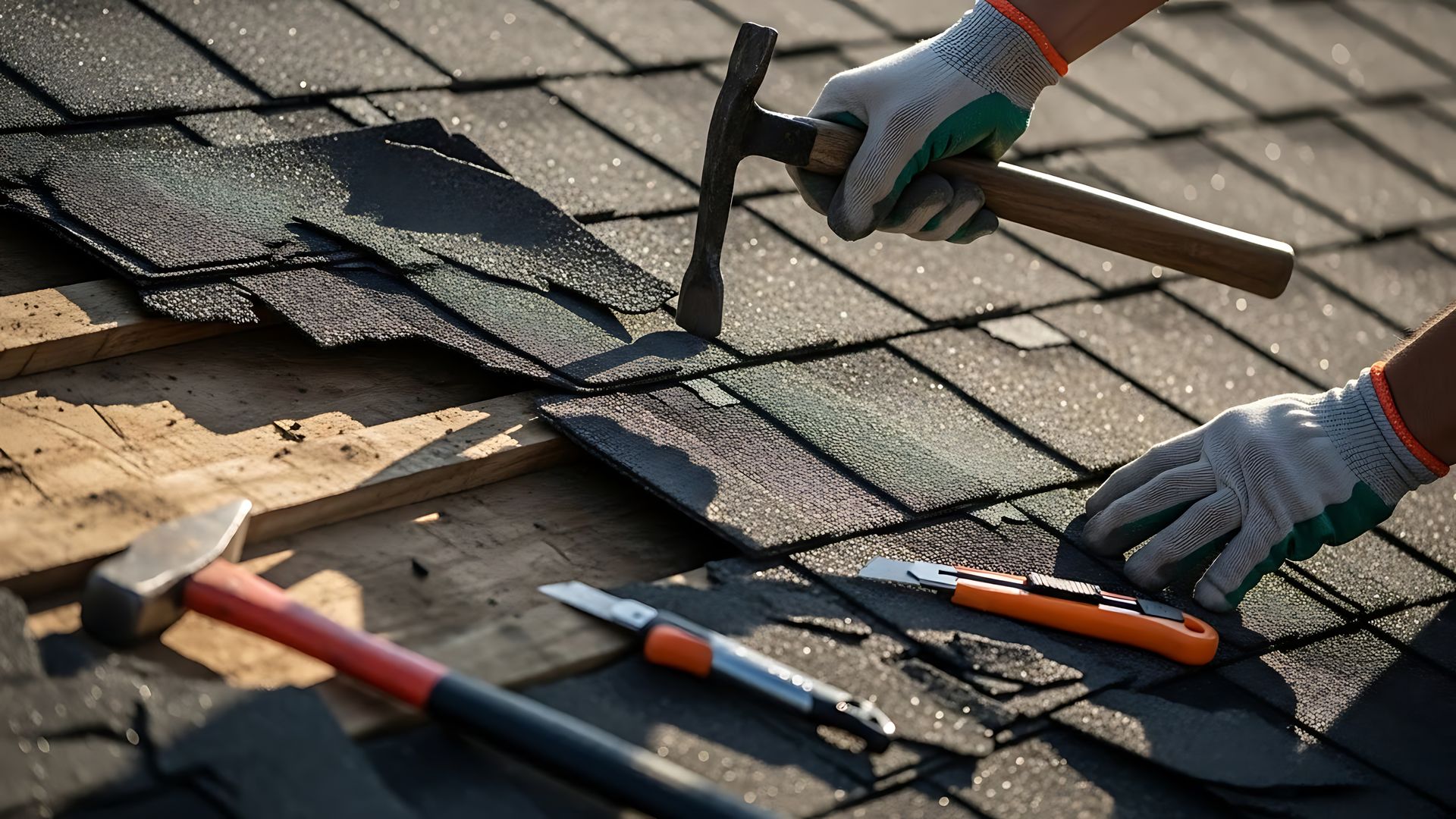 Roofer with gloved hands using a hammer and knife to repair asphalt shingles on a roof.