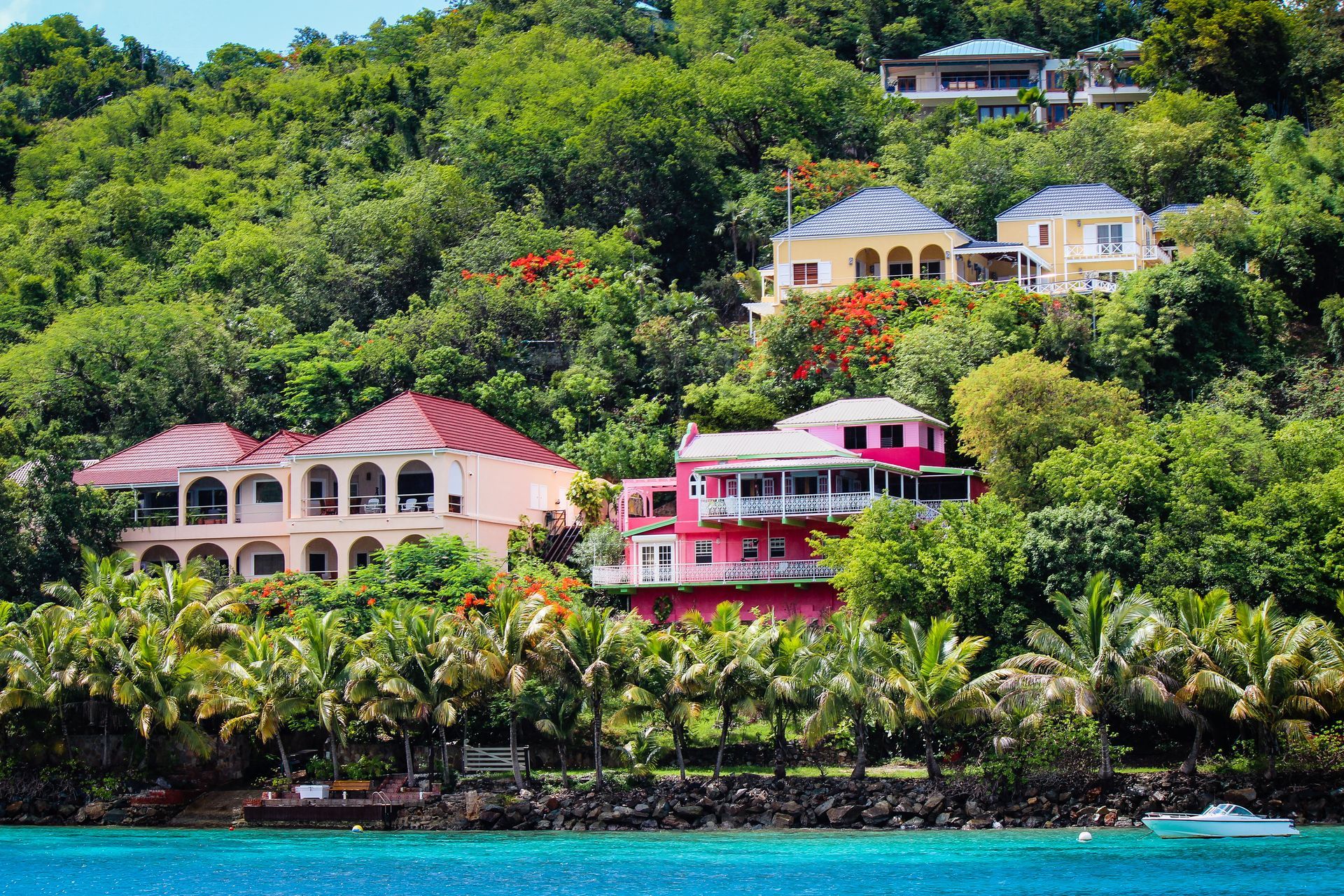 Houses nestled on a green hillside, overlooking the blue ocean. Palm trees line the shore, with colorful buildings.
