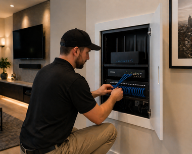 Electrician inspecting wiring in an open gray electrical panel inside a framed wall