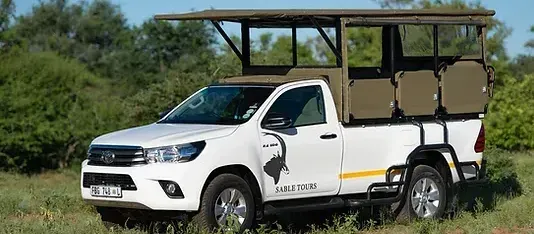 a white truck with a canopy on top of it is parked in a field .