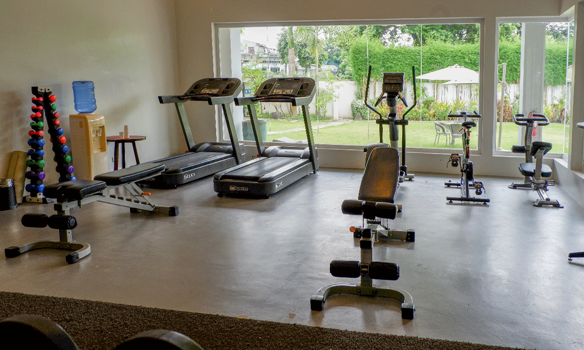 Bright hotel gym with treadmills, dumbbells, and garden view at Harvest Hot