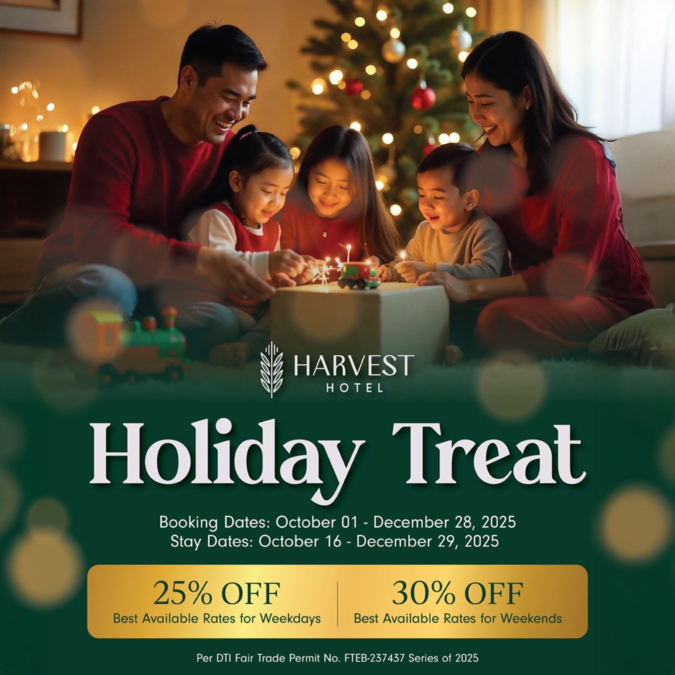 Family around a table with lit candles, Christmas tree in the background. Harvest Hotel 