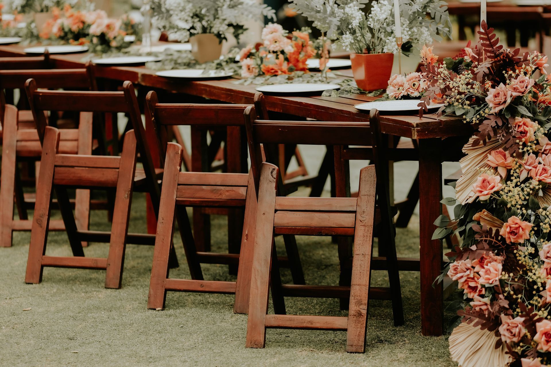Harvest Hotel elegant styling with Tiffany chairs, themed stage setup, and sound system