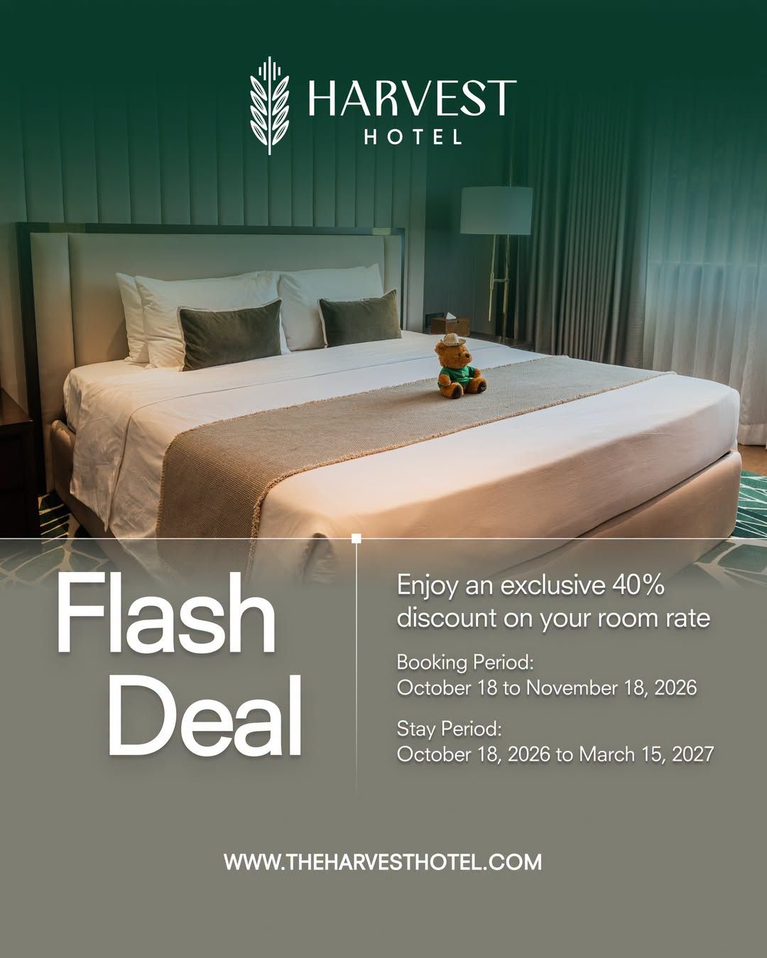 Harvest Hotel flash deal ad showing a king bed in a green room, with 40% off booking promotion.