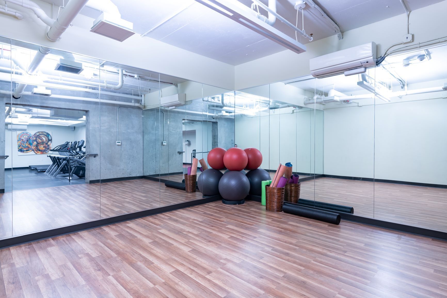 Spacious mirrored fitness studio with wooden floor, exercise balls, and step platforms