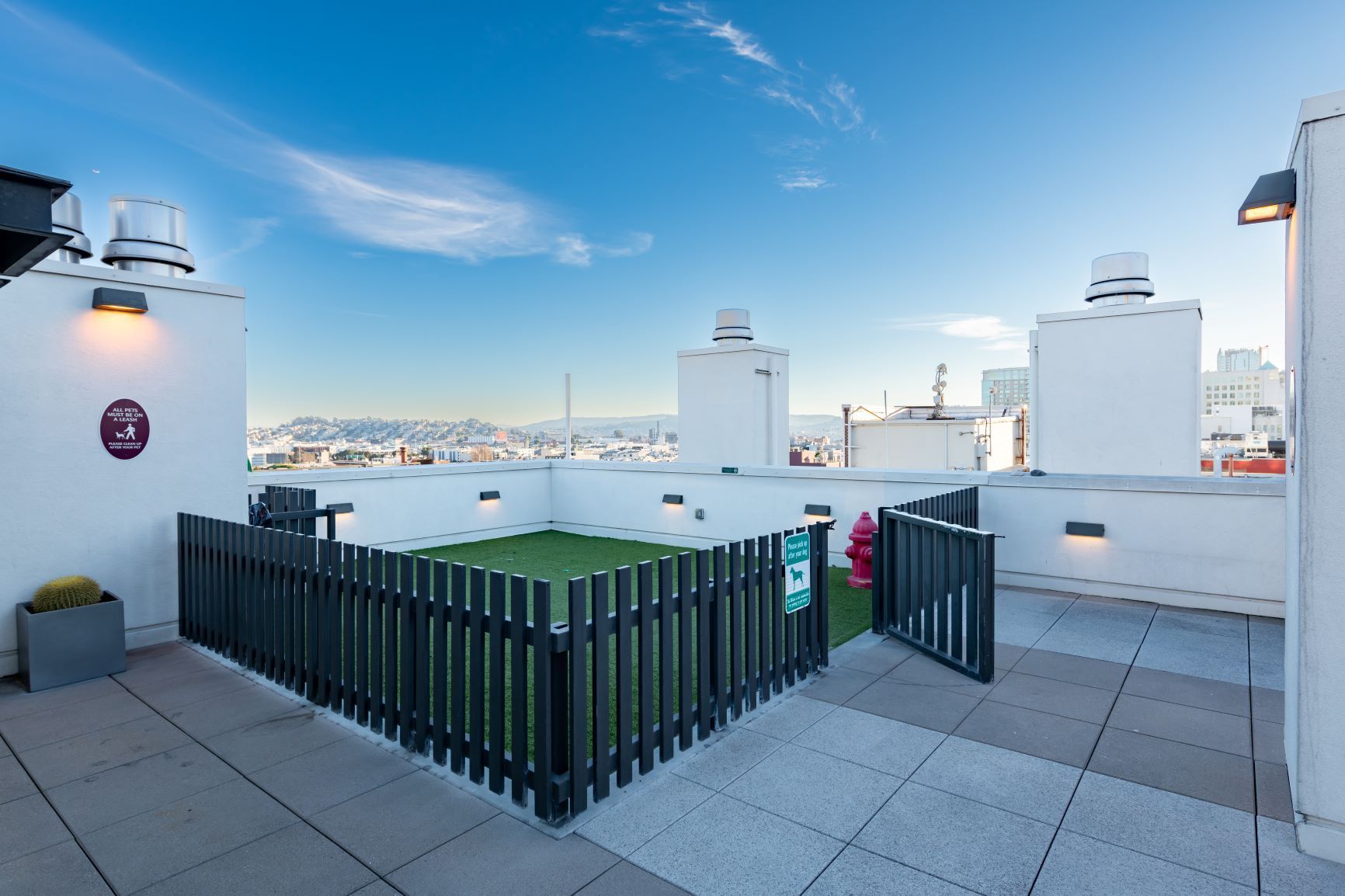 Rooftop terrace with black fence, green turf, and city skyline under a blue sky