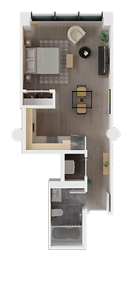 Top-down 3D floor plan of a compact apartment with open living area, kitchen, bedroom, and bathroom.