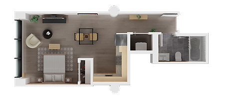 Top-down floor plan of a modern apartment with bedroom, living area, kitchen, and bathroom.