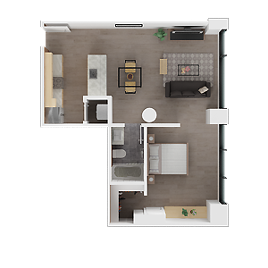 Top-down view of a modern apartment floor plan with living room, kitchen, bedroom, and bathroom.