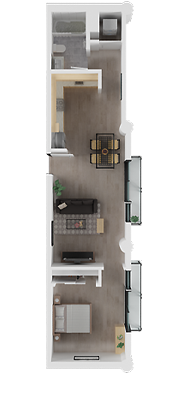 Top-down floor plan of a narrow apartment with bedroom, kitchen, dining area, and living room.