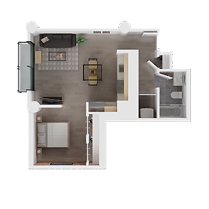 Top-down 3D floor plan of a furnished apartment with living, bedroom, kitchen, and bathroom areas.