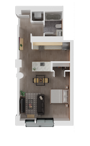 Top-down view of a small apartment floor plan with living room, kitchen, bedroom, and bathroom.
