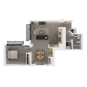 Top-down view of a modern apartment floor plan with living room, bedroom, kitchen, and bath areas.