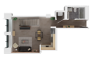 Top-down floor plan of a compact apartment with living area, bedroom, kitchen, and bathroom.