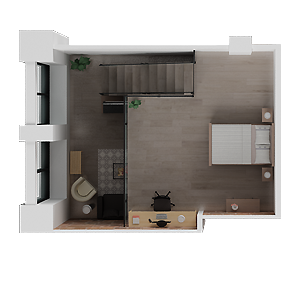 Top-down view of a compact modern bedroom and living area with gray walls, bed, desk, chair, and stairs.