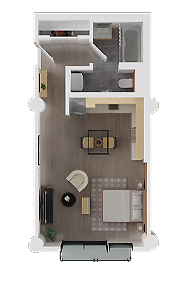 Top-down view of a compact apartment floor plan with living room, kitchen, and bedroom areas.