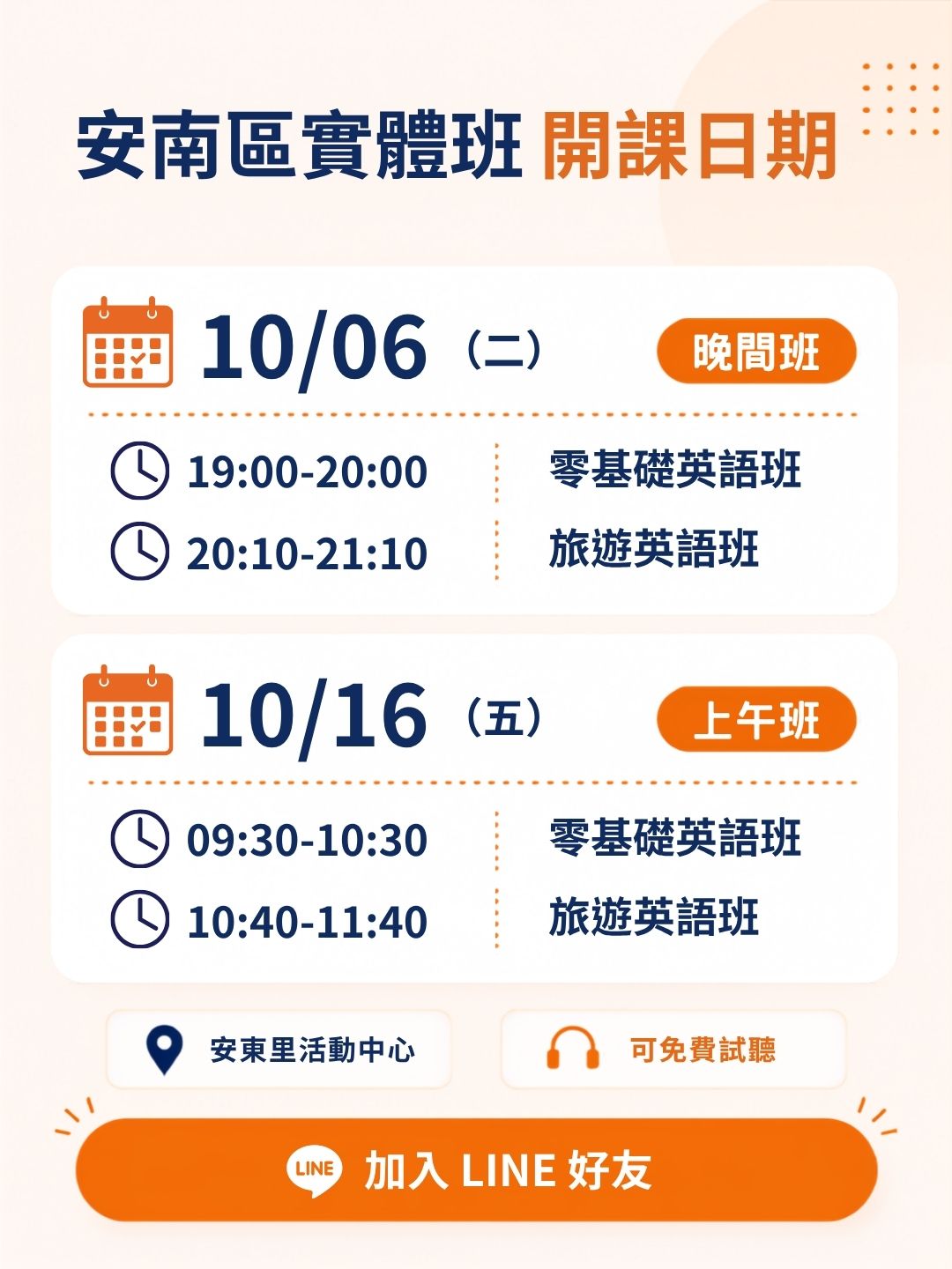 安南區實體班:10月6日週二晚間,零基礎19:00至20:00、旅遊20:10至21:10;10月16日週五上午,零基礎09:30至10:30、旅遊10:40至11:40。地點安東里活動中心,可免費試聽。