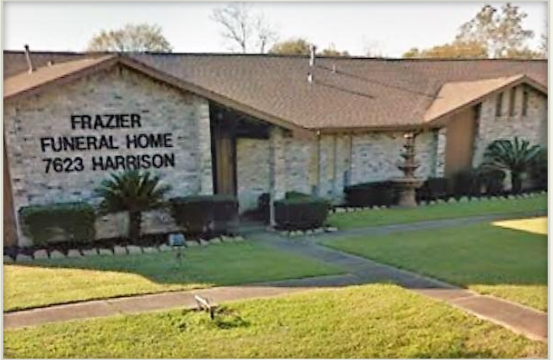 Frazer Funeral Home building with sign reading “7623 Harrison,” front lawn and sidewalk
