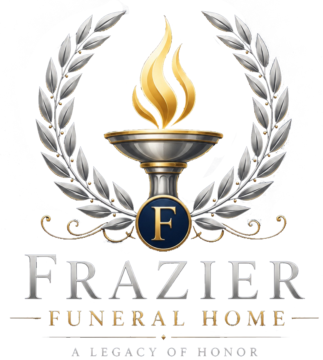 Frazier Funeral Home logo with navy shield, laurel wreath, torch, and “A Tradition of Honor Since 1939”