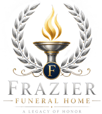 Frazier Funeral Home logo with navy shield, laurel wreath, torch, and “A Tradition of Honor Since 1939”