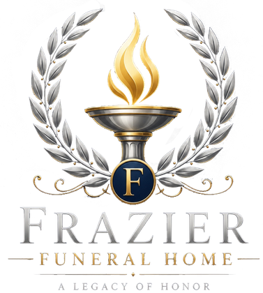 Frazier Funeral Home logo with navy shield, laurel wreath, flame, and “A Tradition of Honor Since 1939”