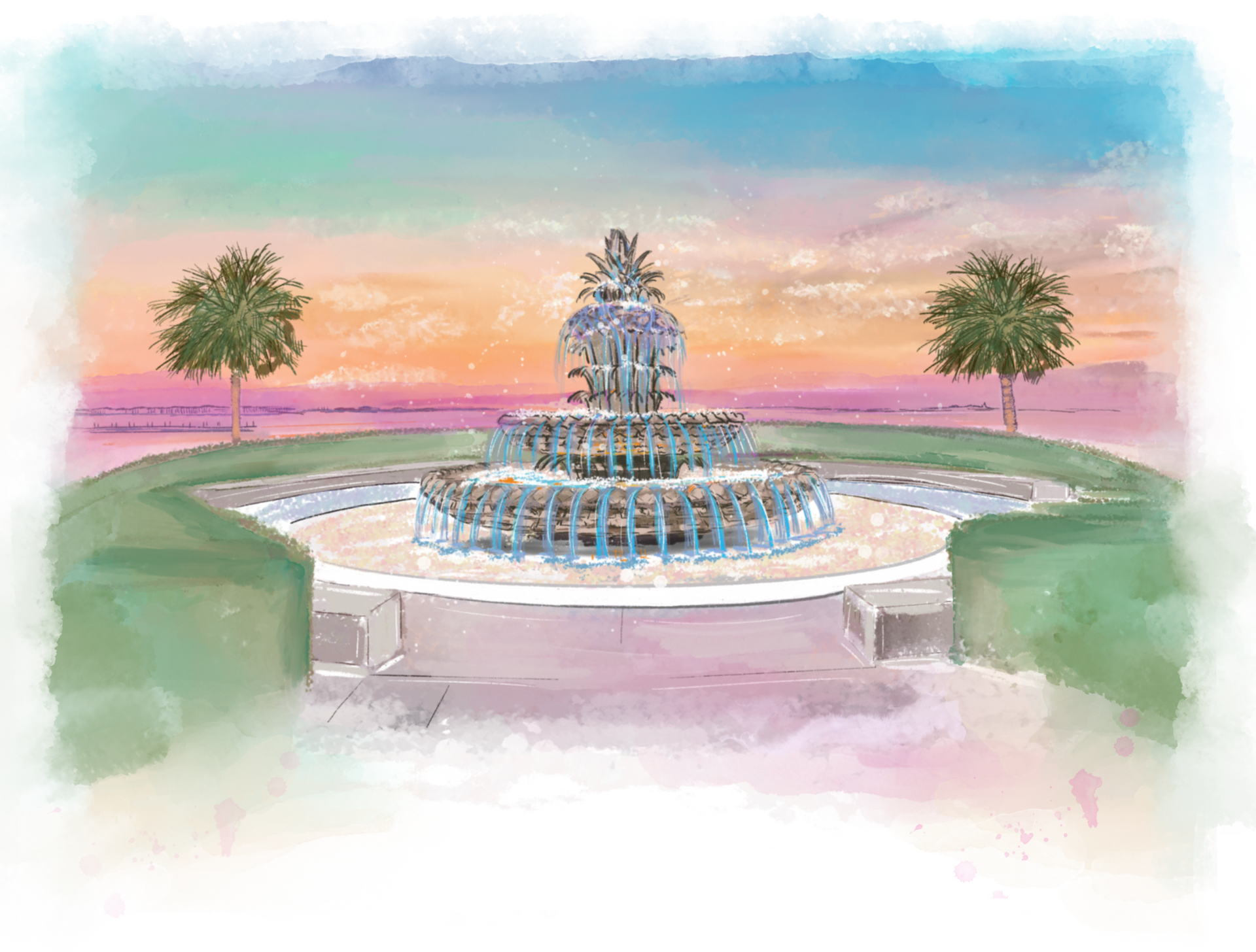 Fountain in a park setting, framed by green hedges and palm trees, set against a watercolor sunset.