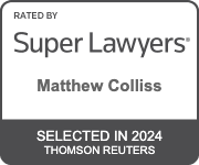 The logo for super lawyers matthew collins is selected in 2024 by thomson reuters.
